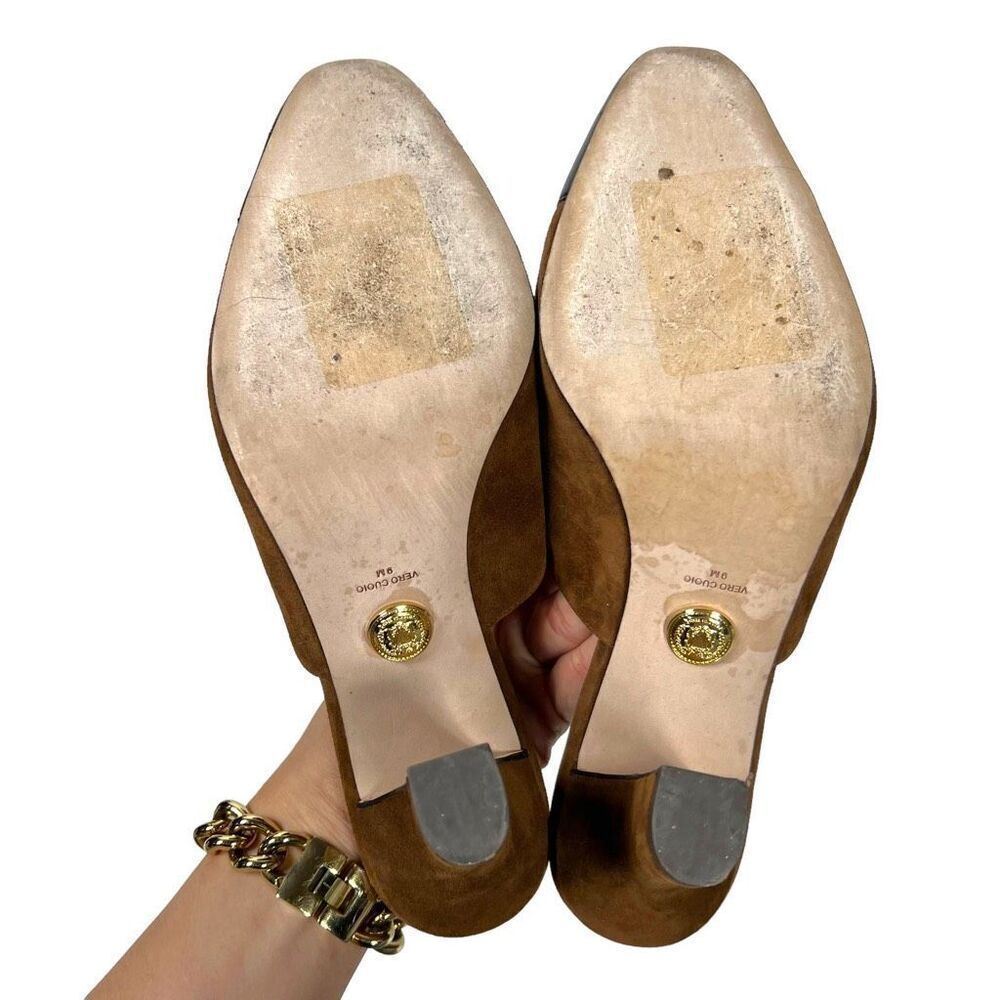 Veronica Beard Carlotta Toe Suede Mules Mixed Media Heel Camel Black Size 9 - Picture 8 of 8